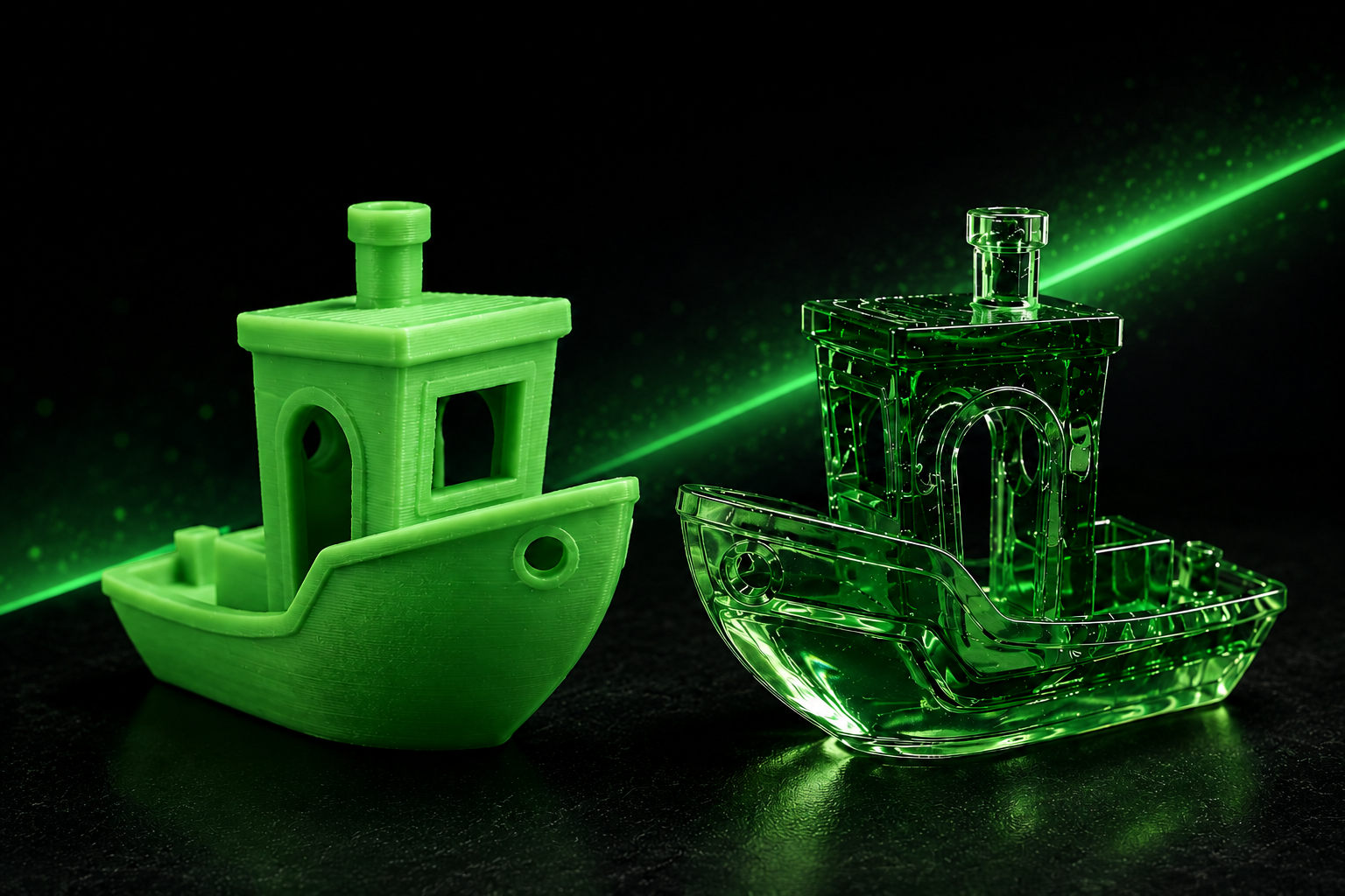 Comparaison entre une pièce FDM verte et une pièce SLA translucide